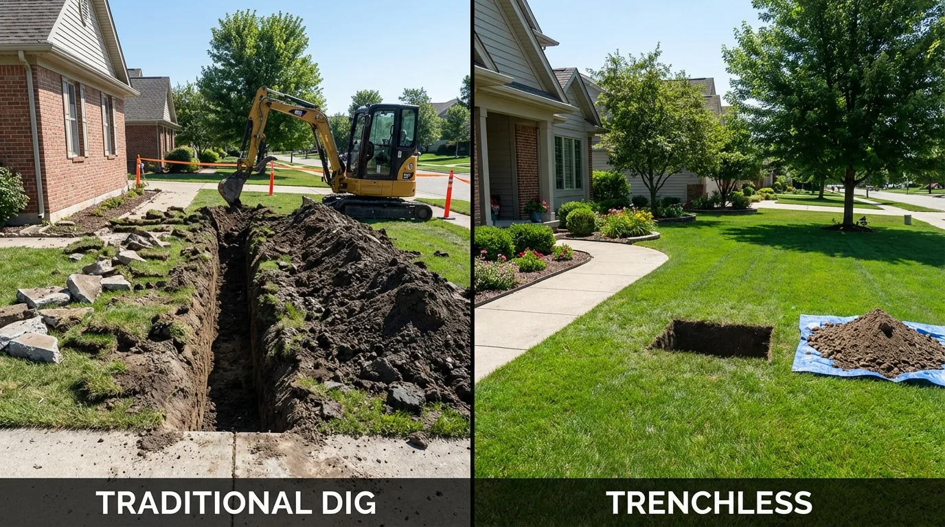 Trenchless sewer repair with minimal yard damage versus traditional excavation in Marshalltown, IA